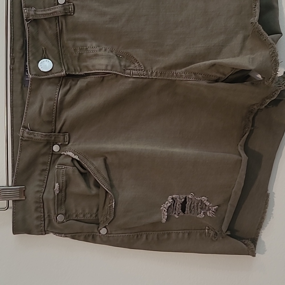 Level 99 Olive Distressed Jean Shorts - Picture 2 of 5